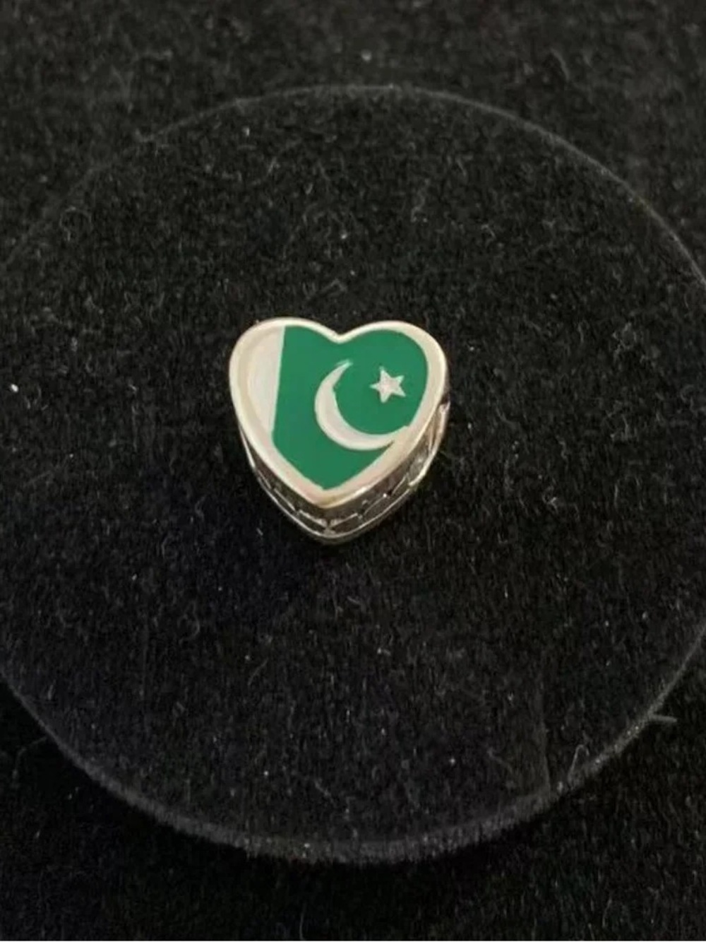 Pandora Silver Heart Charm with Green Enamel Crescent & Star
